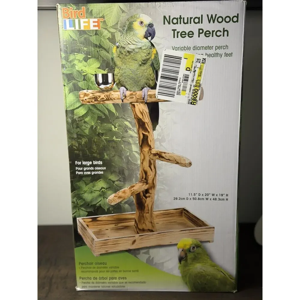 Bird-Life Natural Wood Tree Perch for Large Birds and Parrots – Includes Food an